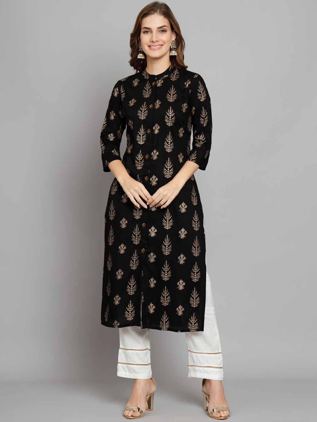 

KALINI Ethnic Motifs Foil Printed Band Collar Kurta with Palazzos, Black