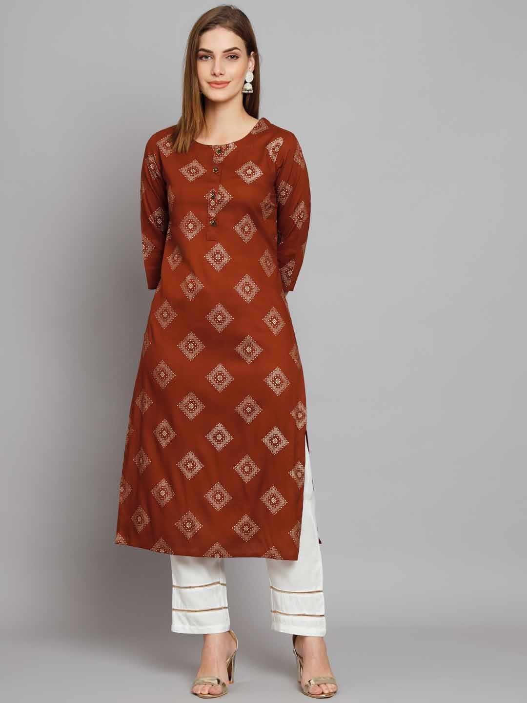 

KALINI Ethnic Motifs Foil Printed Kurta with Palazzos, Rust