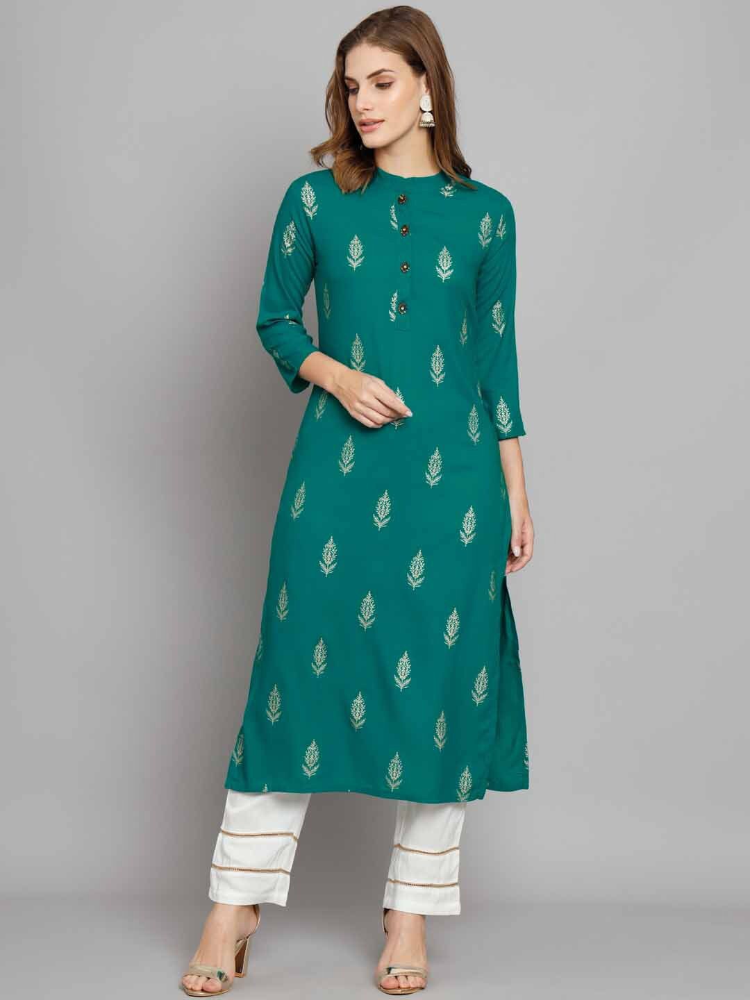 

KALINI Floral Printed Mandarin Collar Kurta with Trousers, Turquoise blue