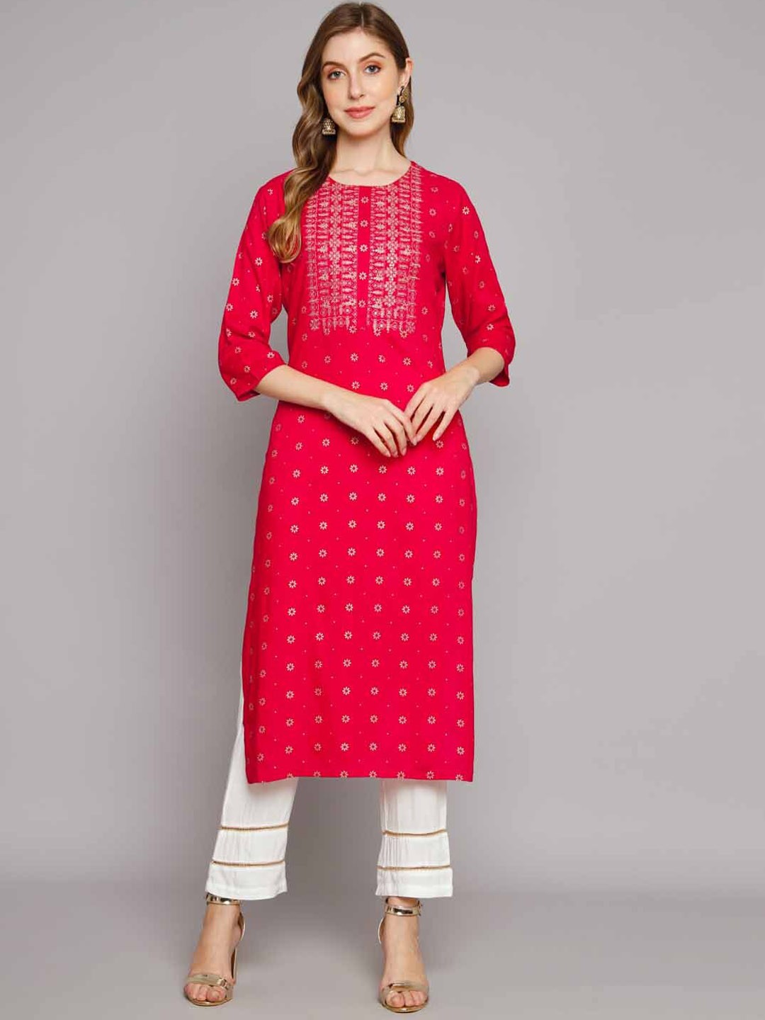 

KALINI Floral Printed Sequined Kurta with Trousers, Red