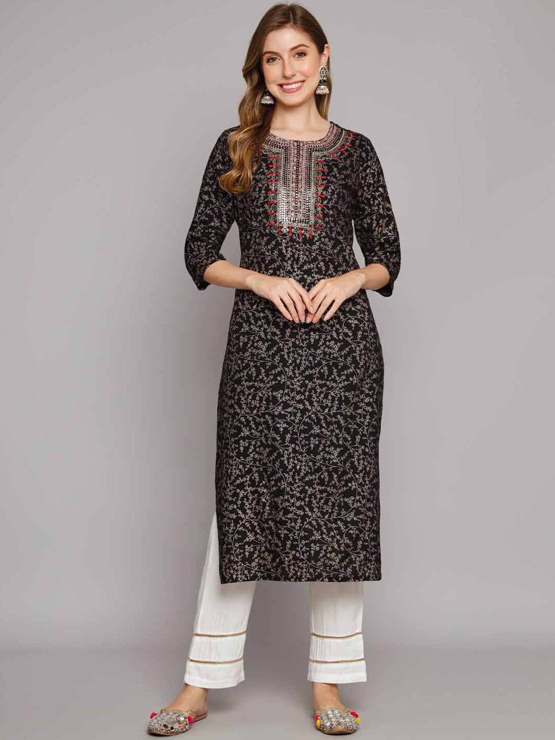 

KALINI Floral Foil Printed Thread Work Zari Kurta with Palazzos, Black