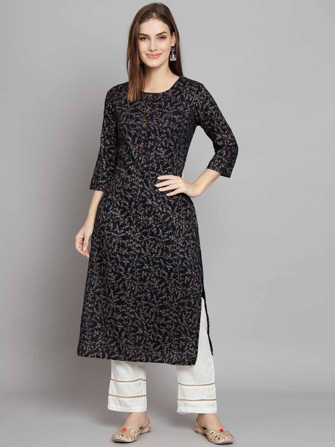 

KALINI Floral Printed Straight Kurta with Trousers, Navy blue
