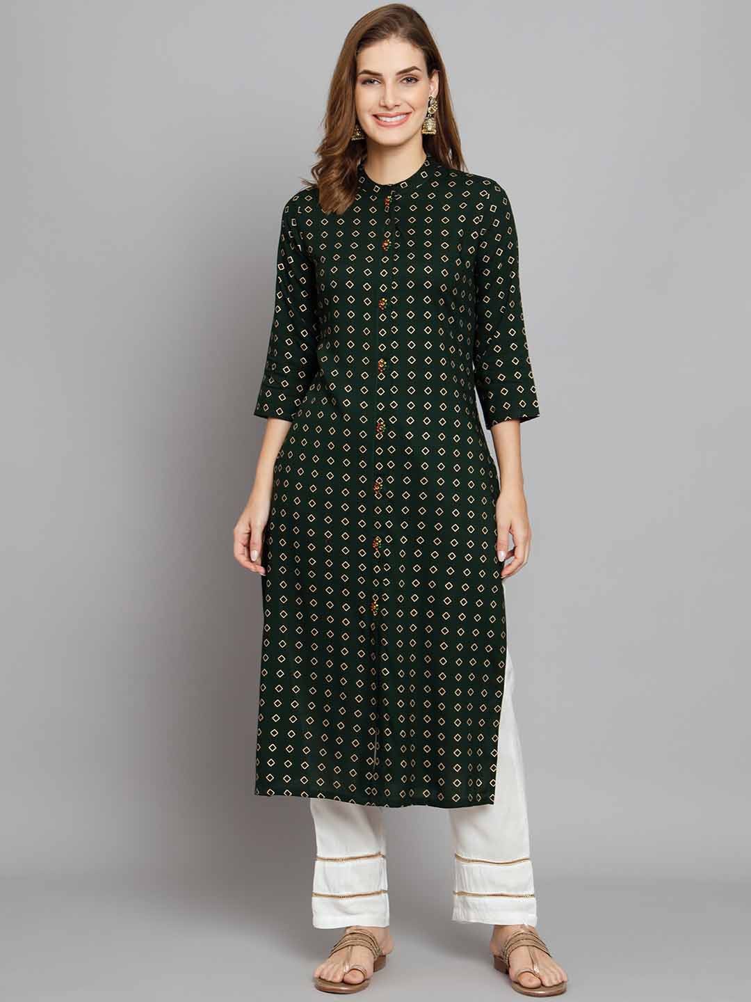 

KALINI Geometric Foil Printed Mandarin Collar Kurta with Palazzos, Green