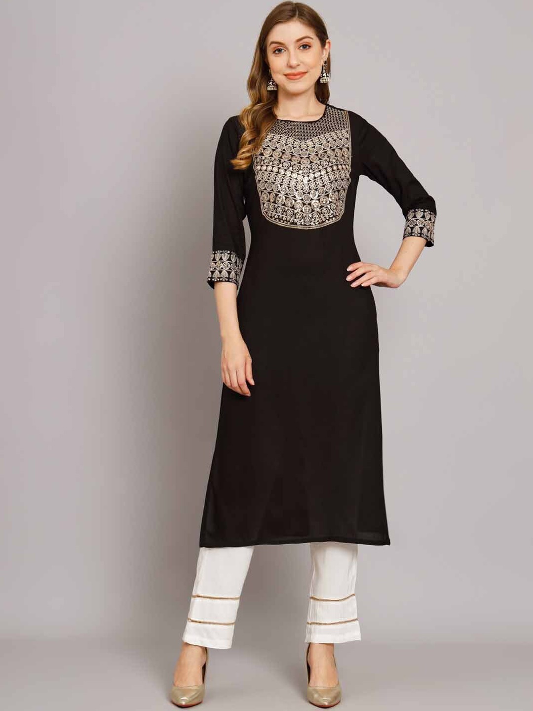 

KALINI Ethnic Motifs Yoke Design Sequinned Kurta with Trousers, Black