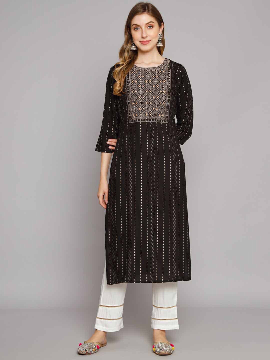 

KALINI Foil Striped Mirror Work Zari Detail Kurta with Palazzos, Black