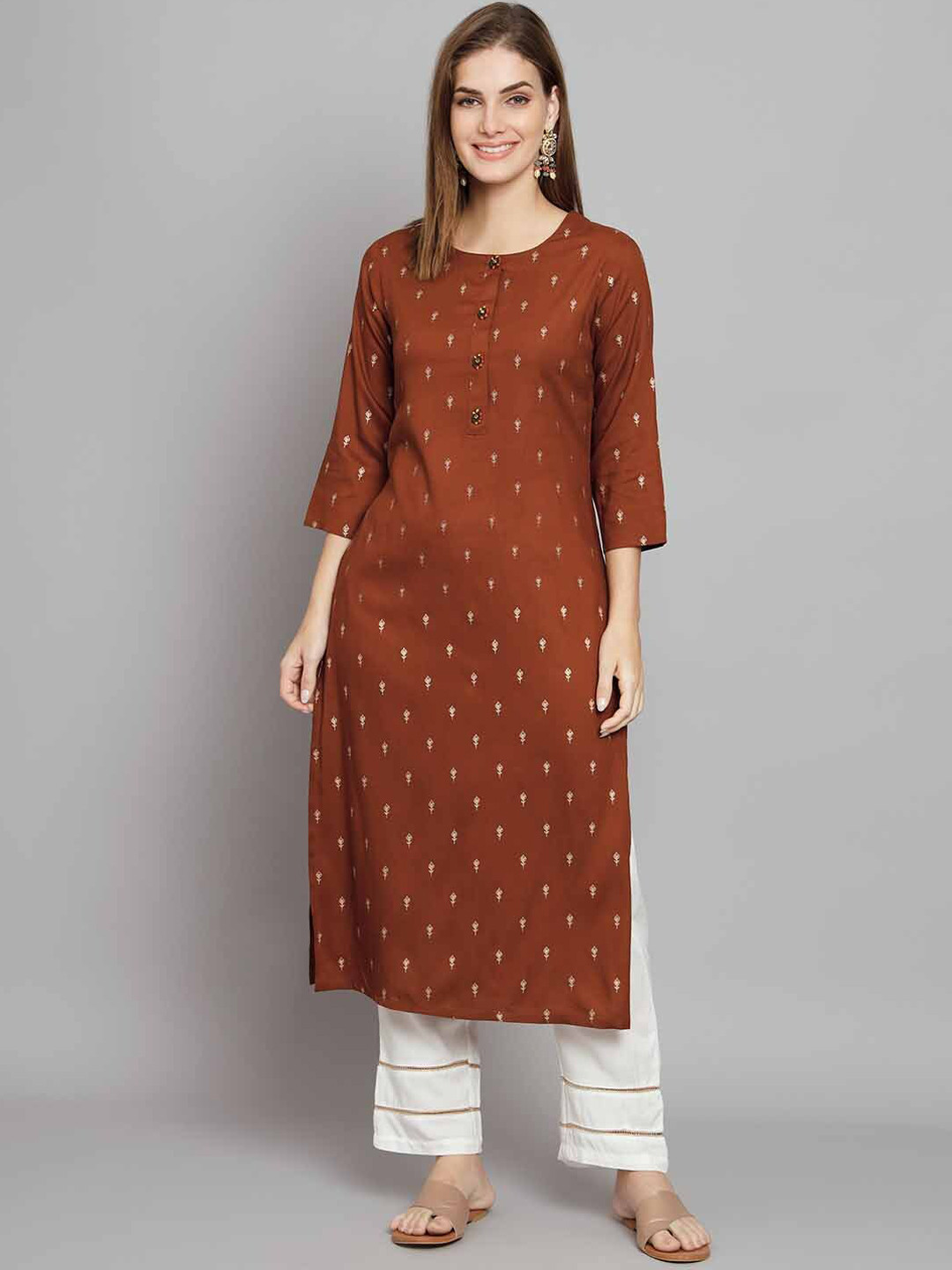 

KALINI Ethnic Motifs Printed Kurta with Trousers, Brown