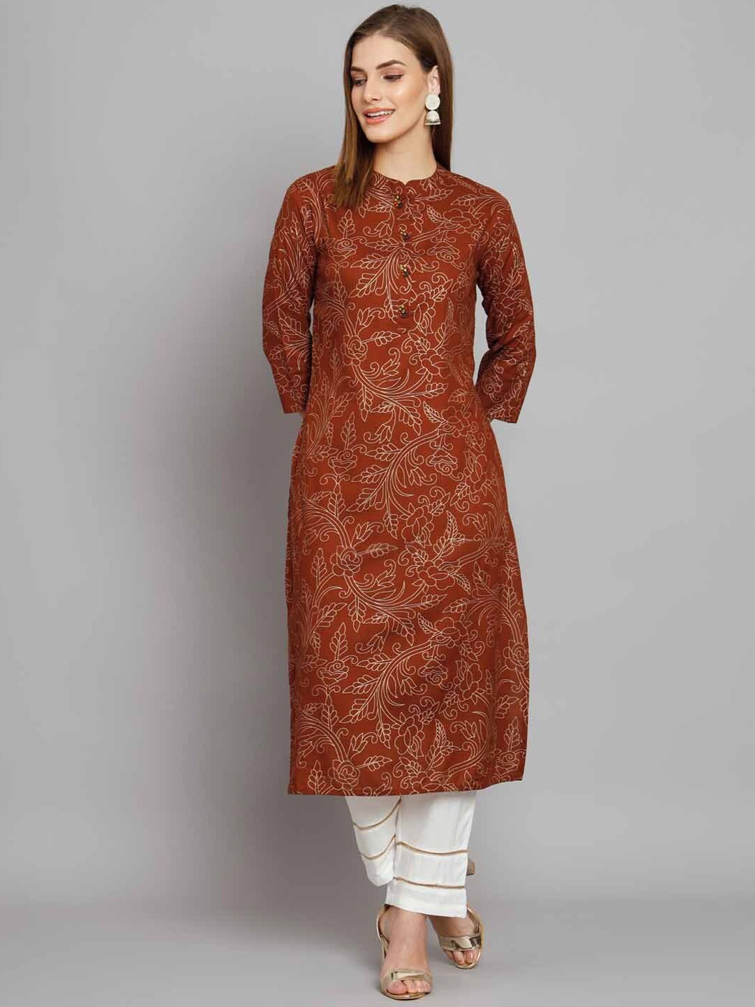 

KALINI Floral Printed Mandarin Collar Kurta With Palazzos, Maroon