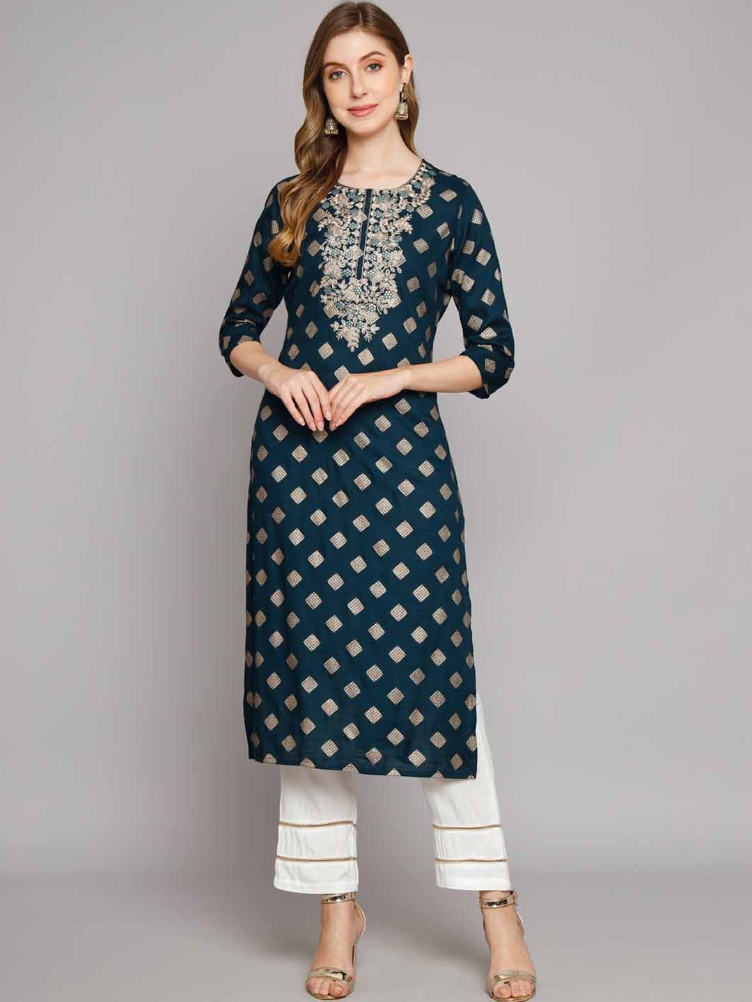 

KALINI Ethnic Motifs Printed Regular Mirror Work Kurta with Trousers, Teal