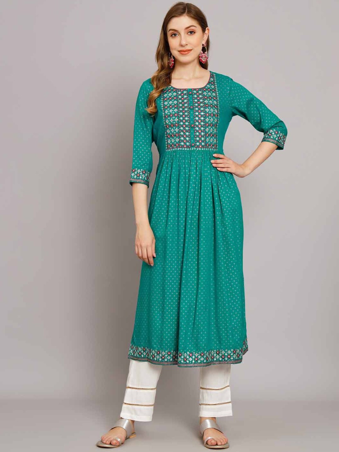

KALINI Ethnic Motifs Embroidered Pleated A-Line Kurta with Palazzos, Turquoise blue