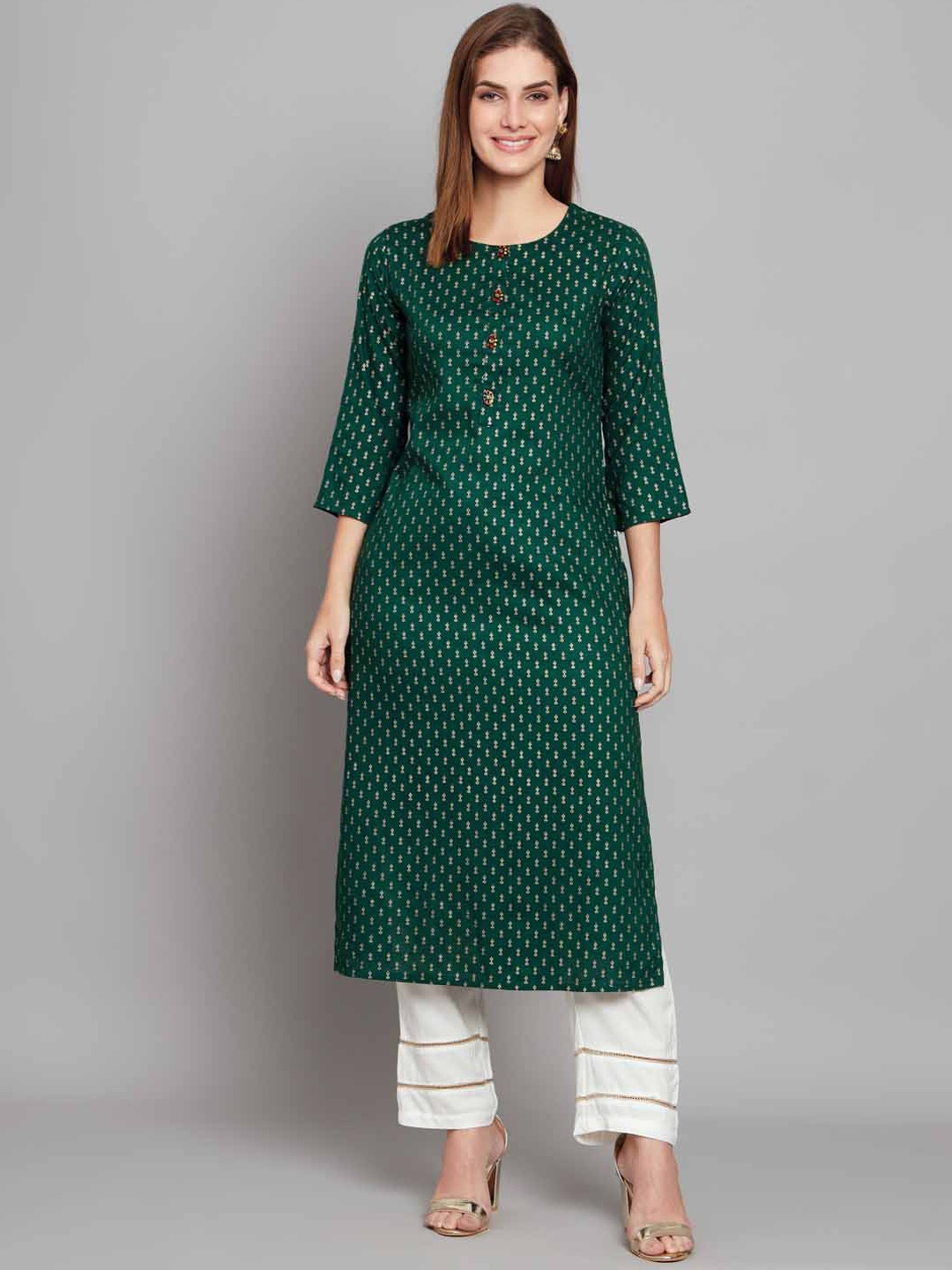 

KALINI Ethnic Motifs Foil Printed Kurta with Palazzos, Green