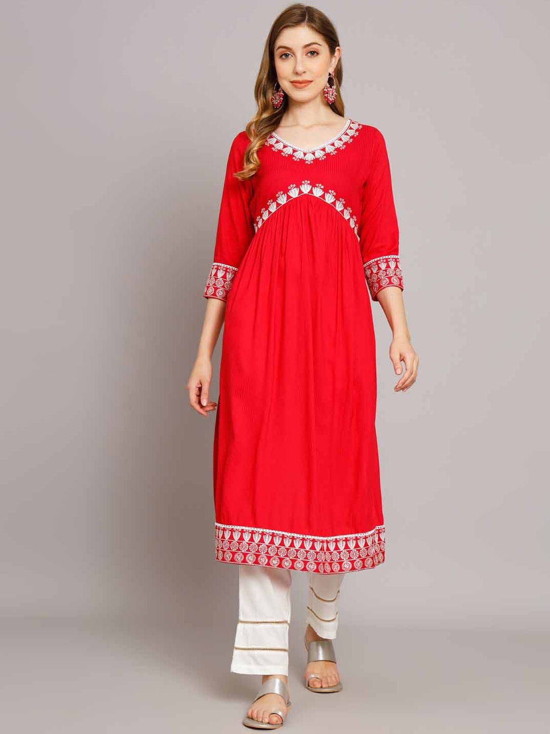 

KALINI Floral Embroidered Sequined A-Line Pleated Kurta with Trousers, Red
