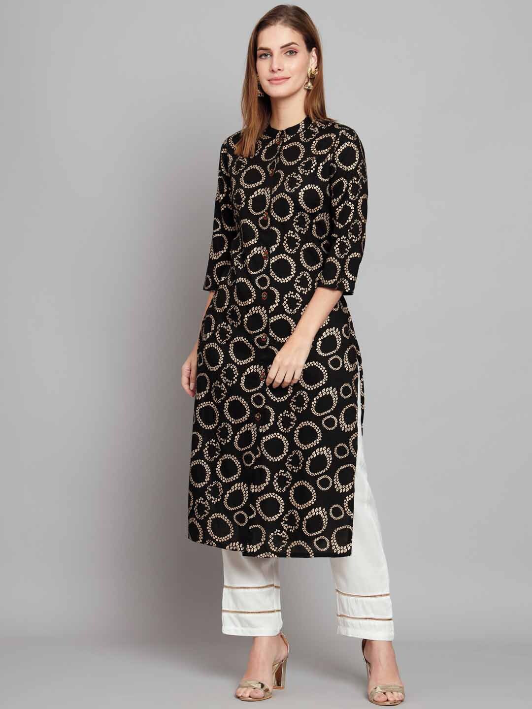 

KALINI Bandhani Foil Printed Band Collar Kurta with Trousers, Black