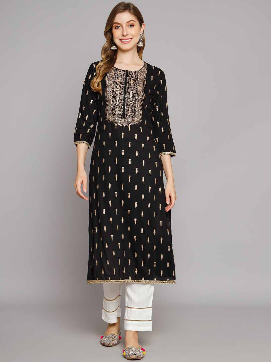 

KALINI Ethnic Motifs Printed Mirror Work Straight Kurta with Palazzos, Black