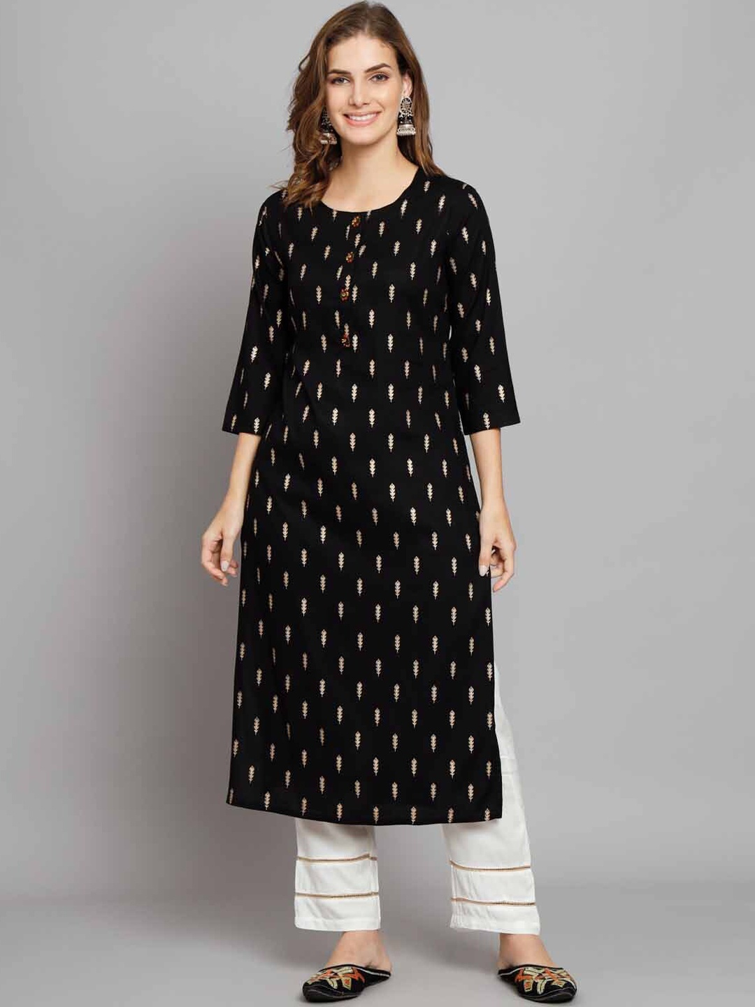 

KALINI Floral Printed Round Neck Regular Kurta With Palazzos, Black