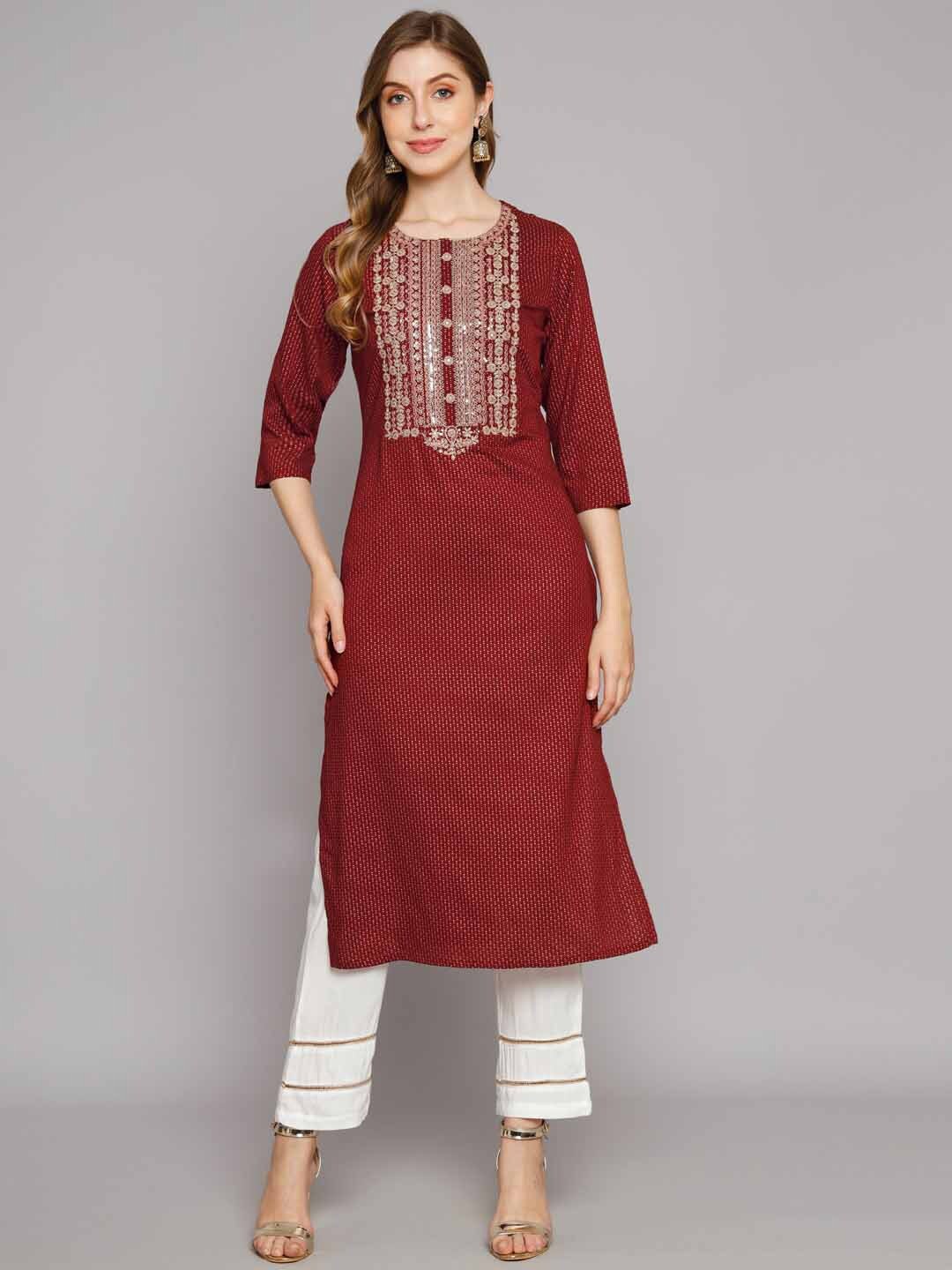 

KALINI Ethnic Motifs Printed Zari Detail Sequined Kurta with Palazzos, Maroon