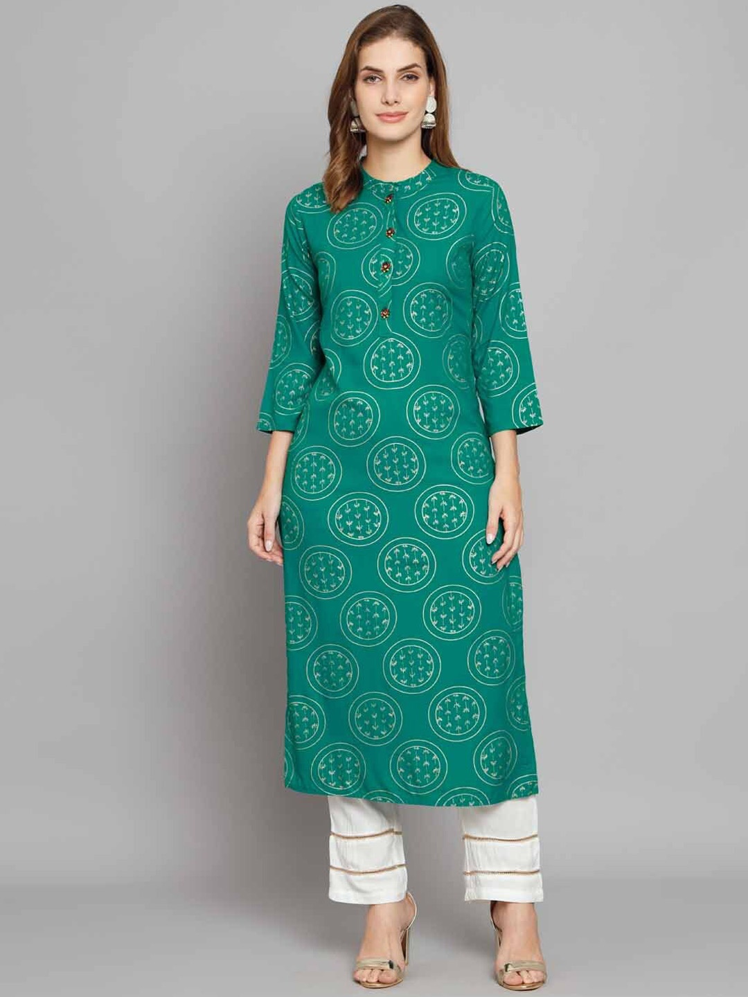 

KALINI Ethnic Motifs Printed Band Collar Kurta with Trousers, Green