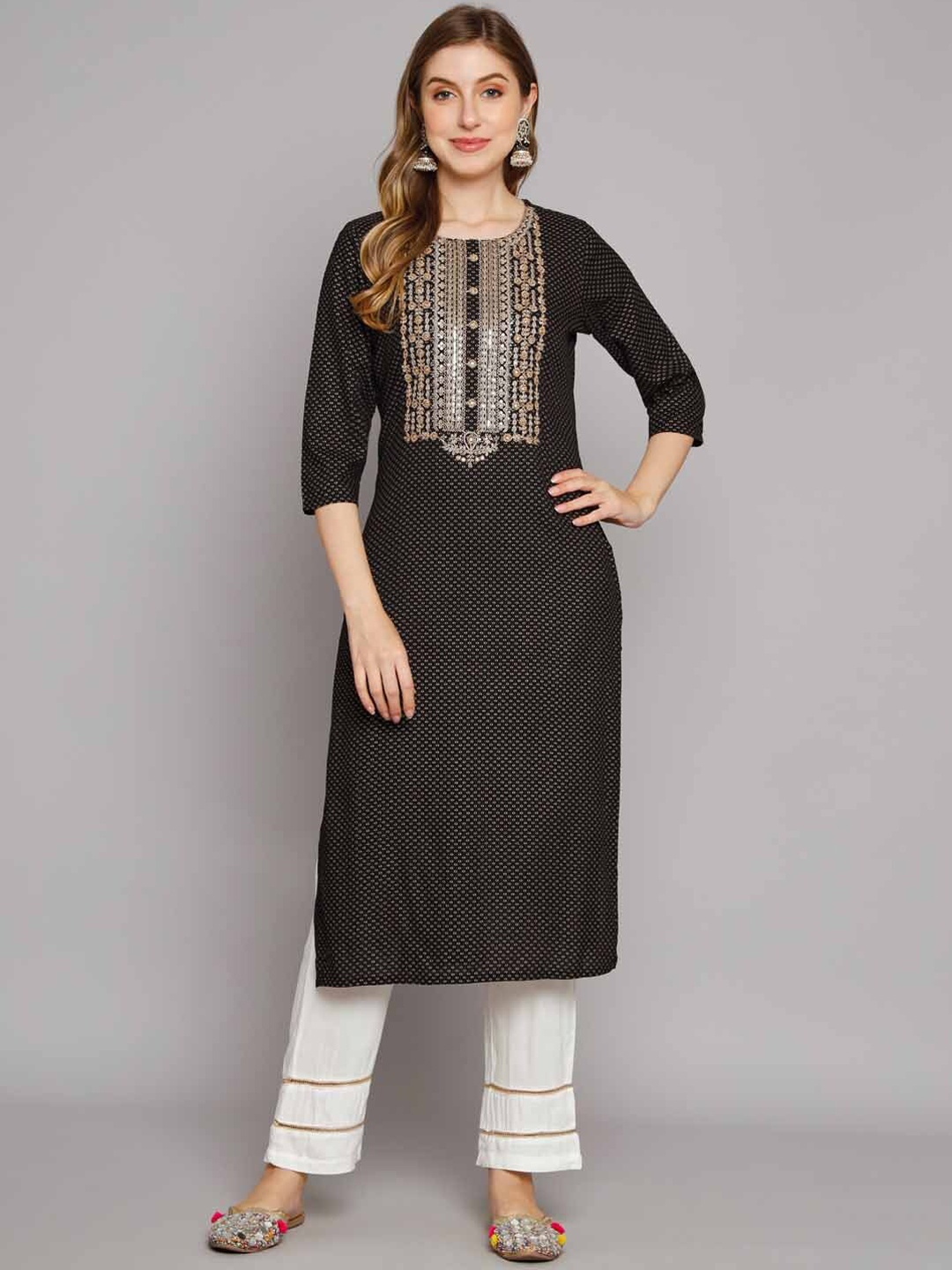 

KALINI Ethnic Motifs Yoke Design Sequined Kurta with Trousers, Black