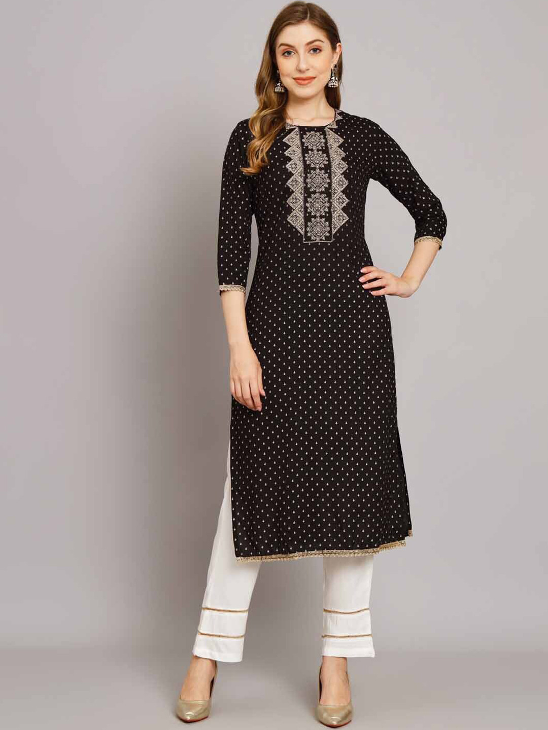 

KALINI Ethnic Motifs Printed Zari Detail Kurta with Palazzos, Black