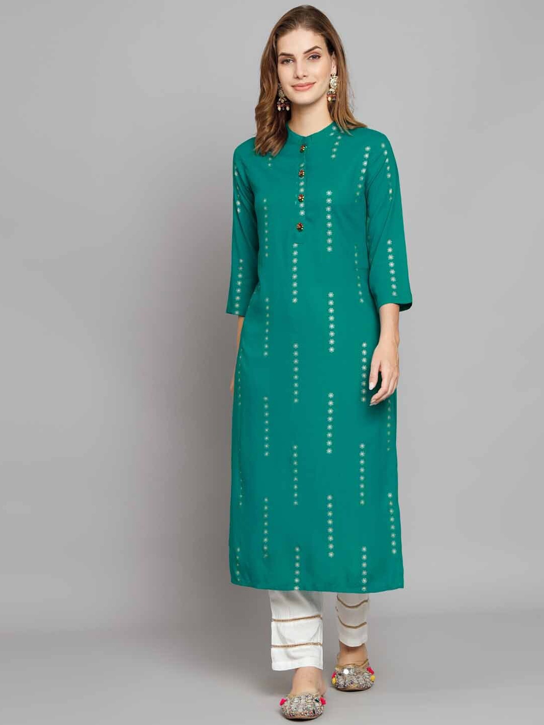 

KALINI Floral Printed Mandarin Collar Kurta with Palazzos, Turquoise blue