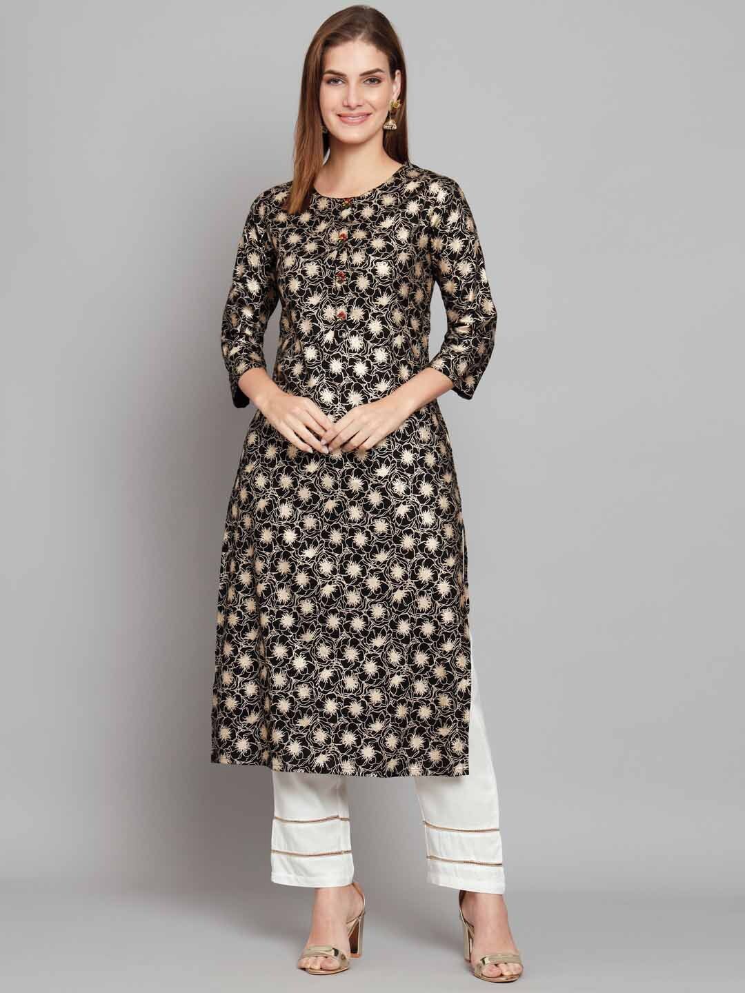 

KALINI Ethnic Motifs Foil Printed Kurta with Trousers, Black