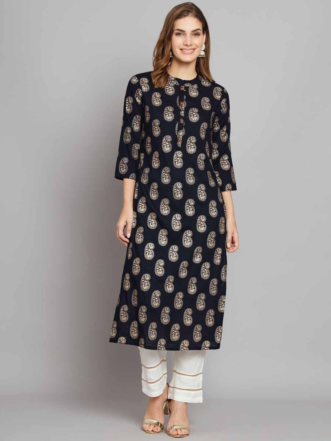 

KALINI Paisley Foil Printed Mandarin Collar Kurta with Palazzos, Navy blue