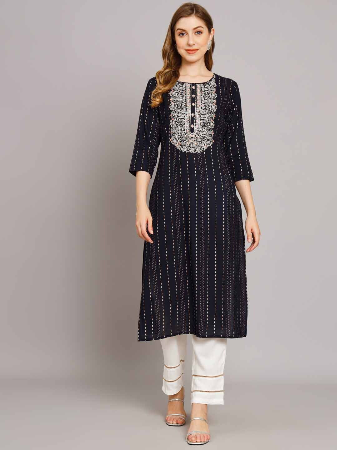 

KALINI Striped Mirror Work Zari Detail Kurta with Palazzos, Navy blue