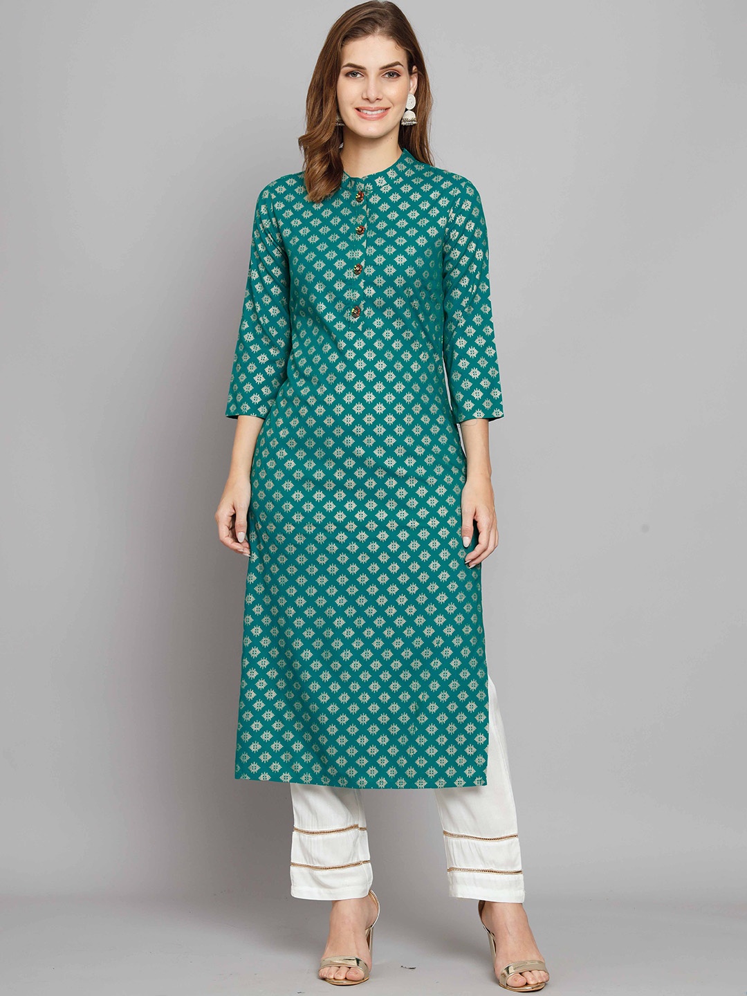 

KALINI Ethnic Motifs Printed Regular Kurta with Trousers, Turquoise blue