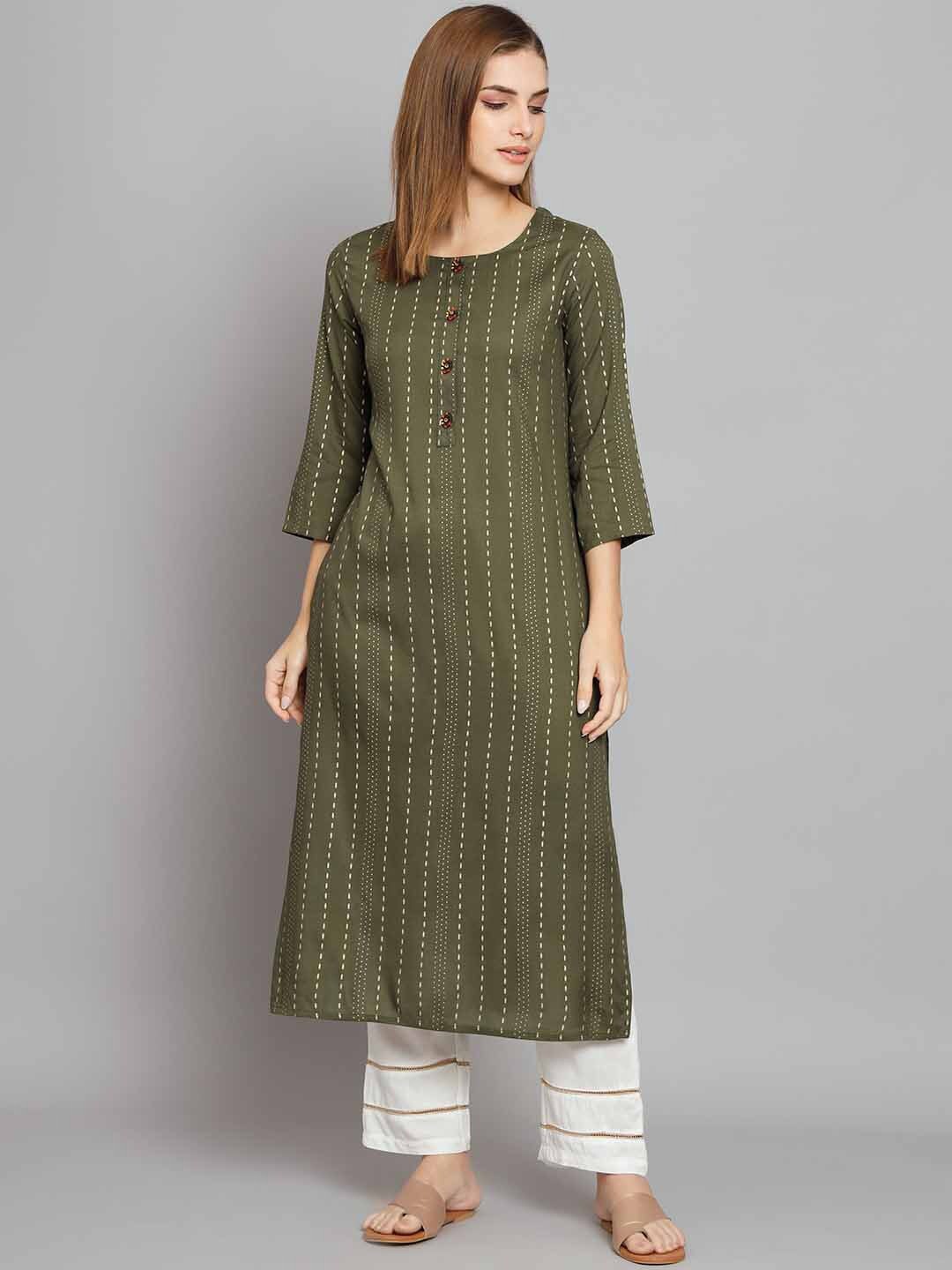 

KALINI Striped A-Line Kurta with Trousers, Olive