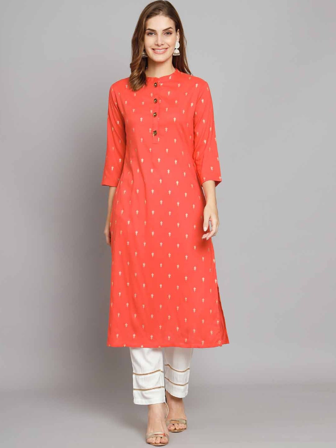 

KALINI Floral Printed Mandarin Collar Kurta With Palazzos, Peach
