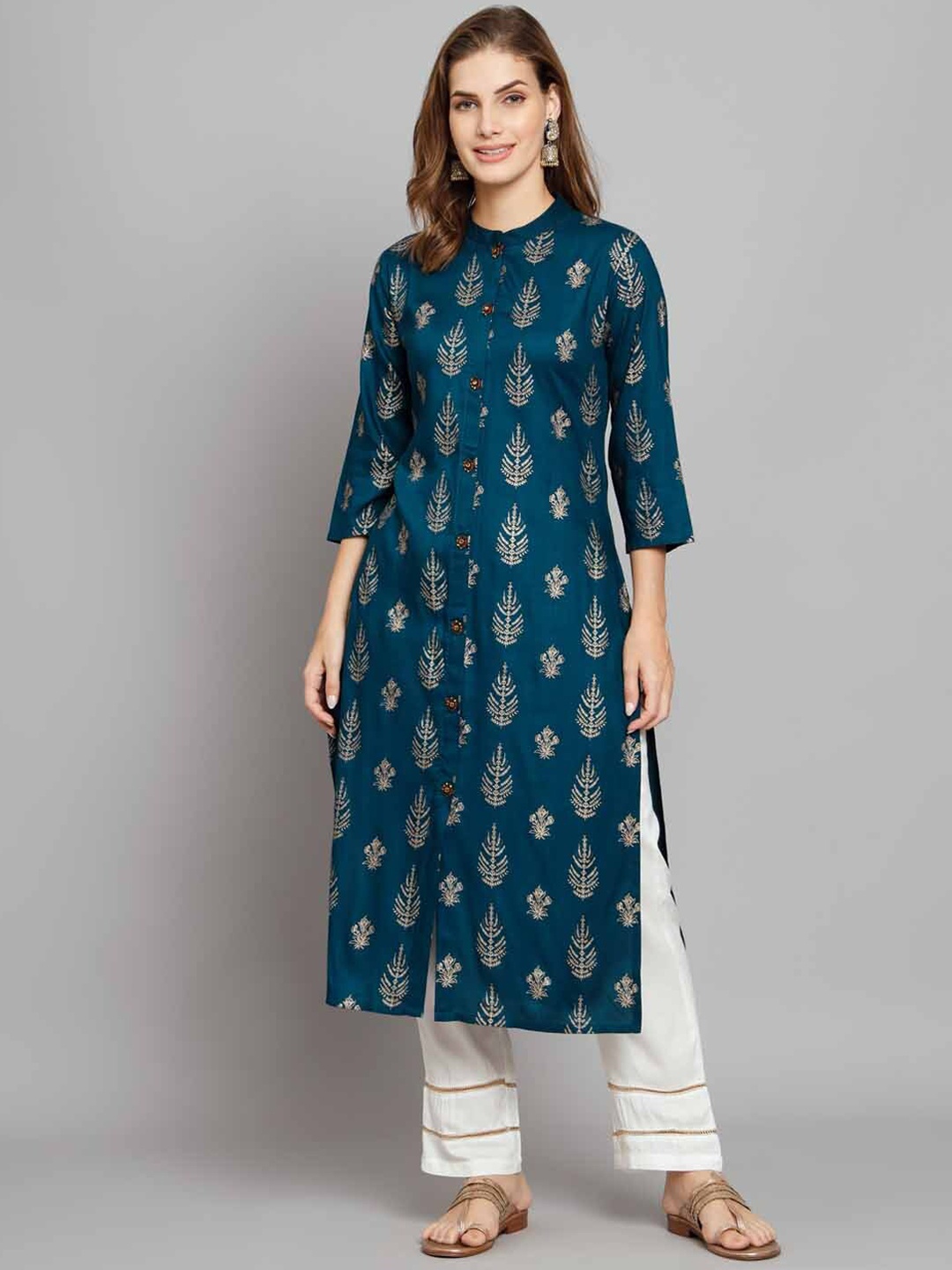 

KALINI Ethnic Motifs Foil Printed Band Collar Kurta with Trousers, Navy blue