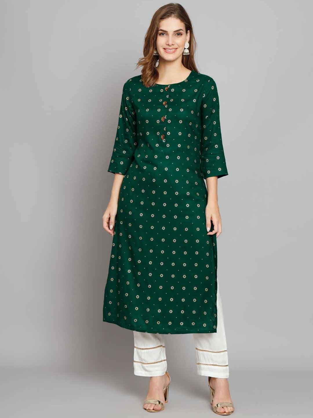 

KALINI Floral Foil Printed A-Line Kurta with Palazzos, Green