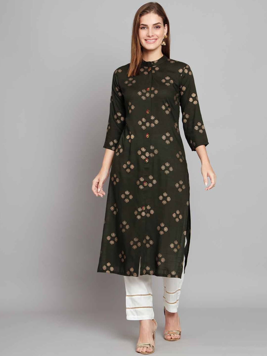 

KALINI Floral Printed Mandarin Collar Kurta with Trousers, Olive