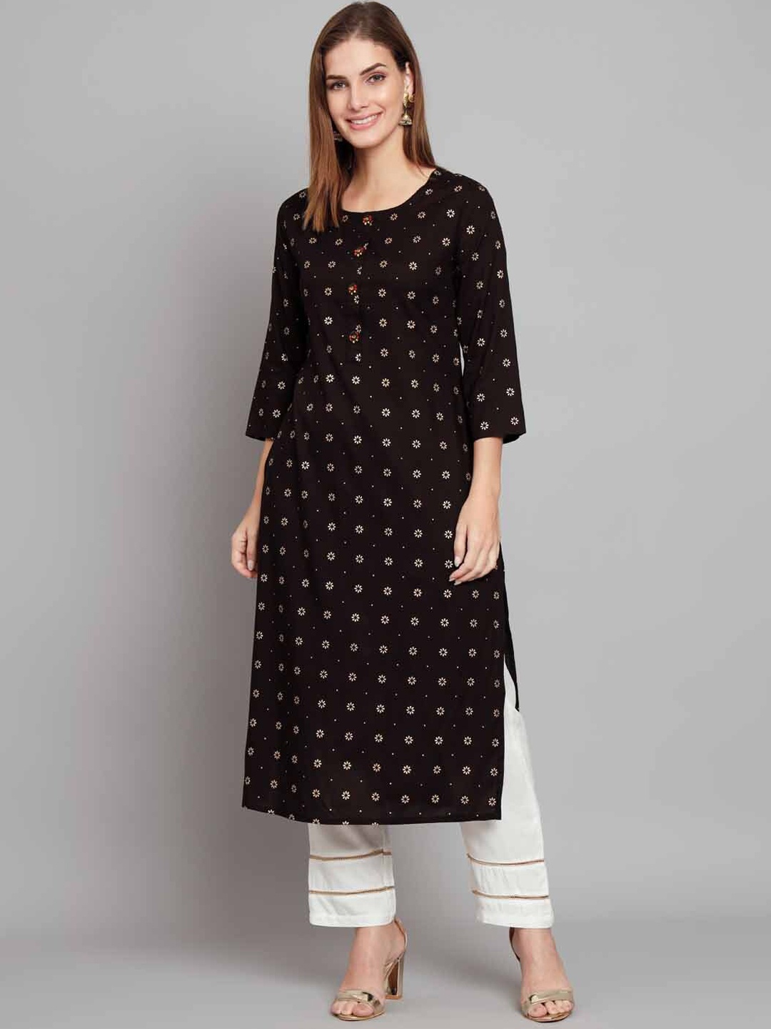 

KALINI Floral Foil Printed Kurta with Palazzos, Black