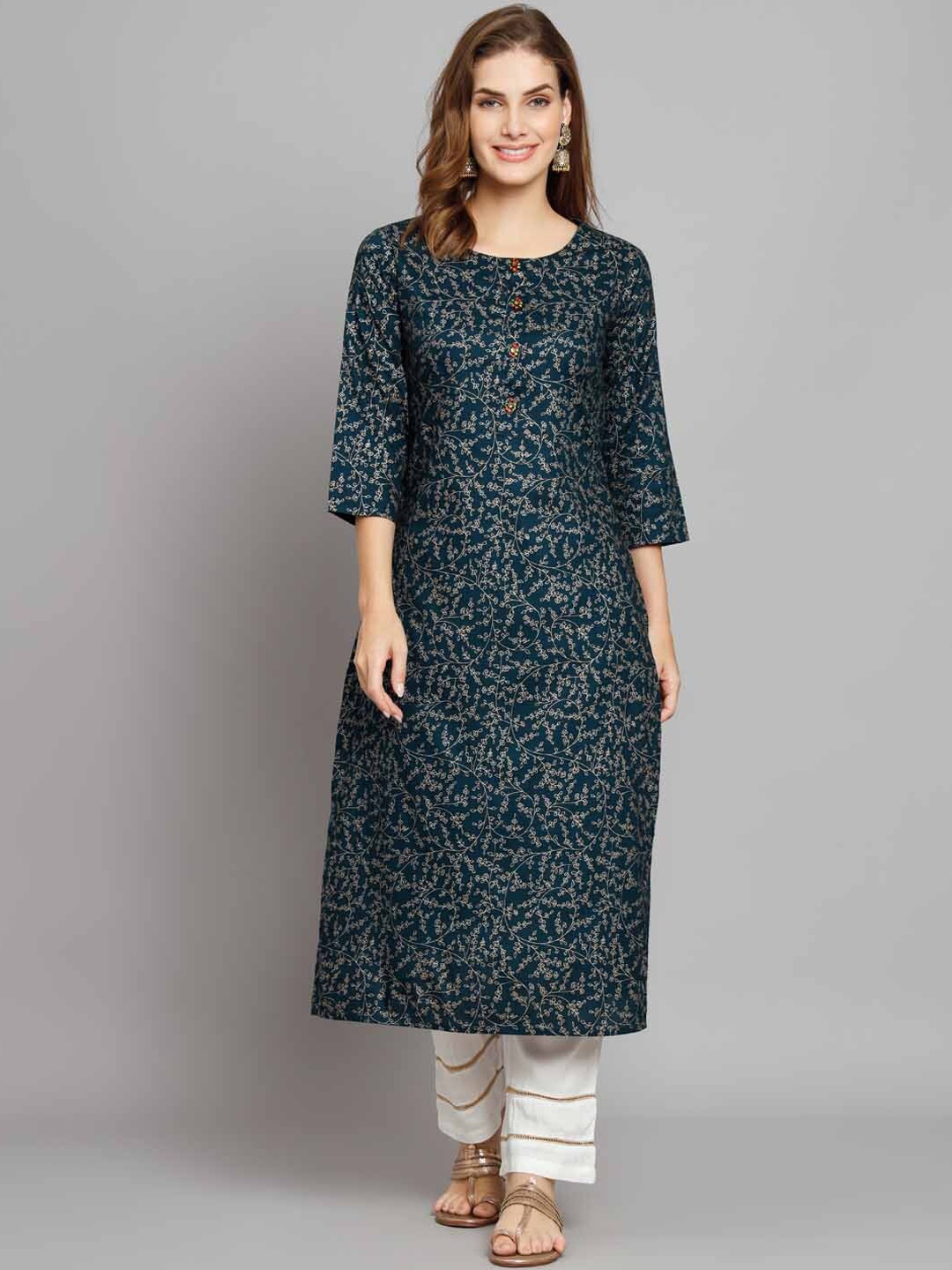 

KALINI Floral Printed Regular Kurta with Trousers, Teal