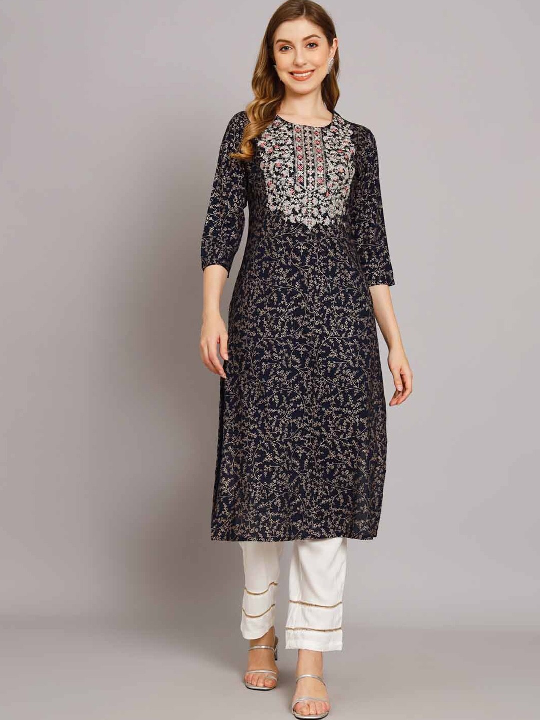 

KALINI Floral Foil Printed Thread Work Kurta with Trousers, Navy blue