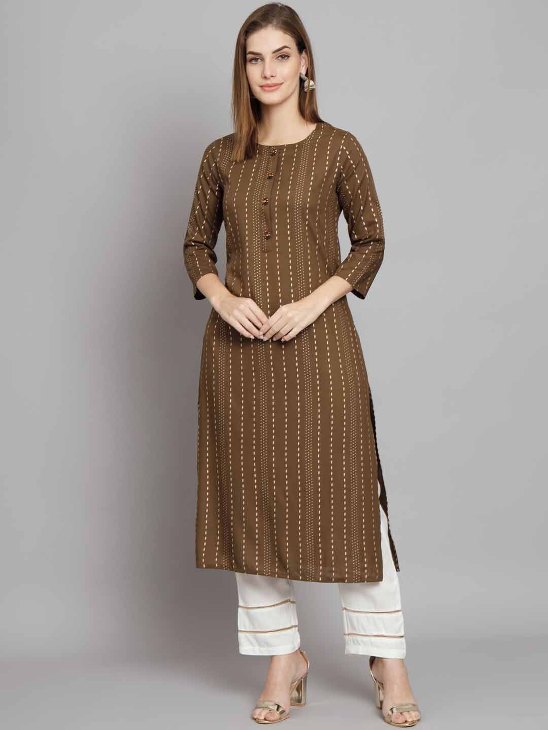 

KALINI Geometric Printed Straight Kurta with Trousers, Brown