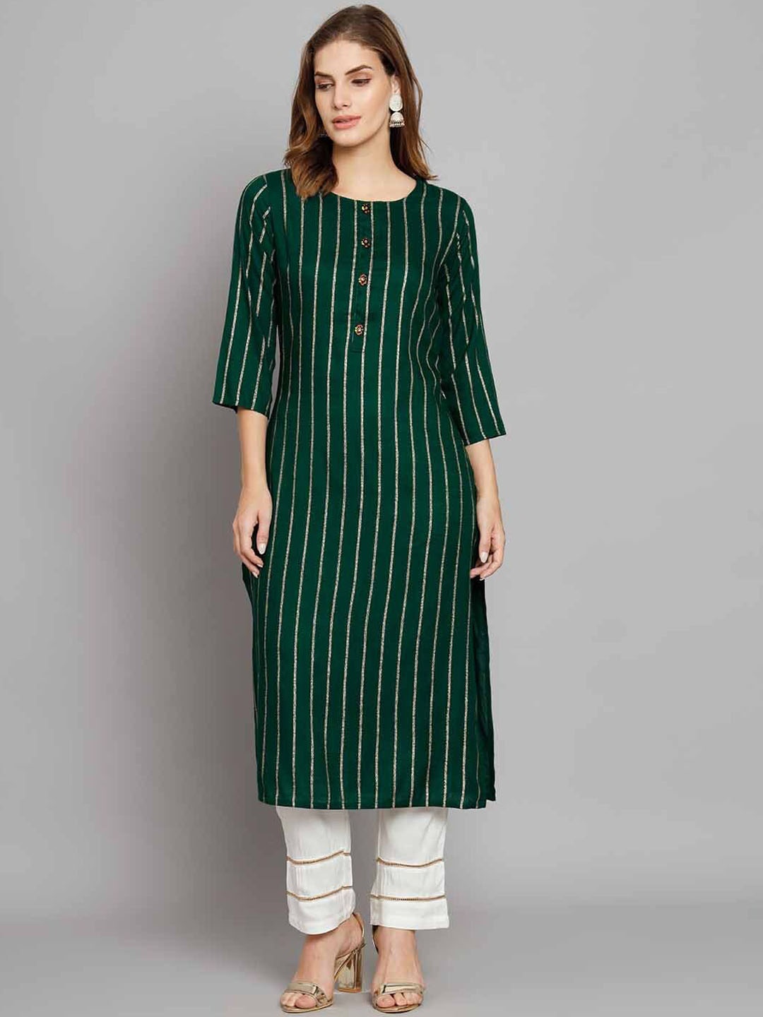 

KALINI Striped Straight Kurta with Trousers, Green