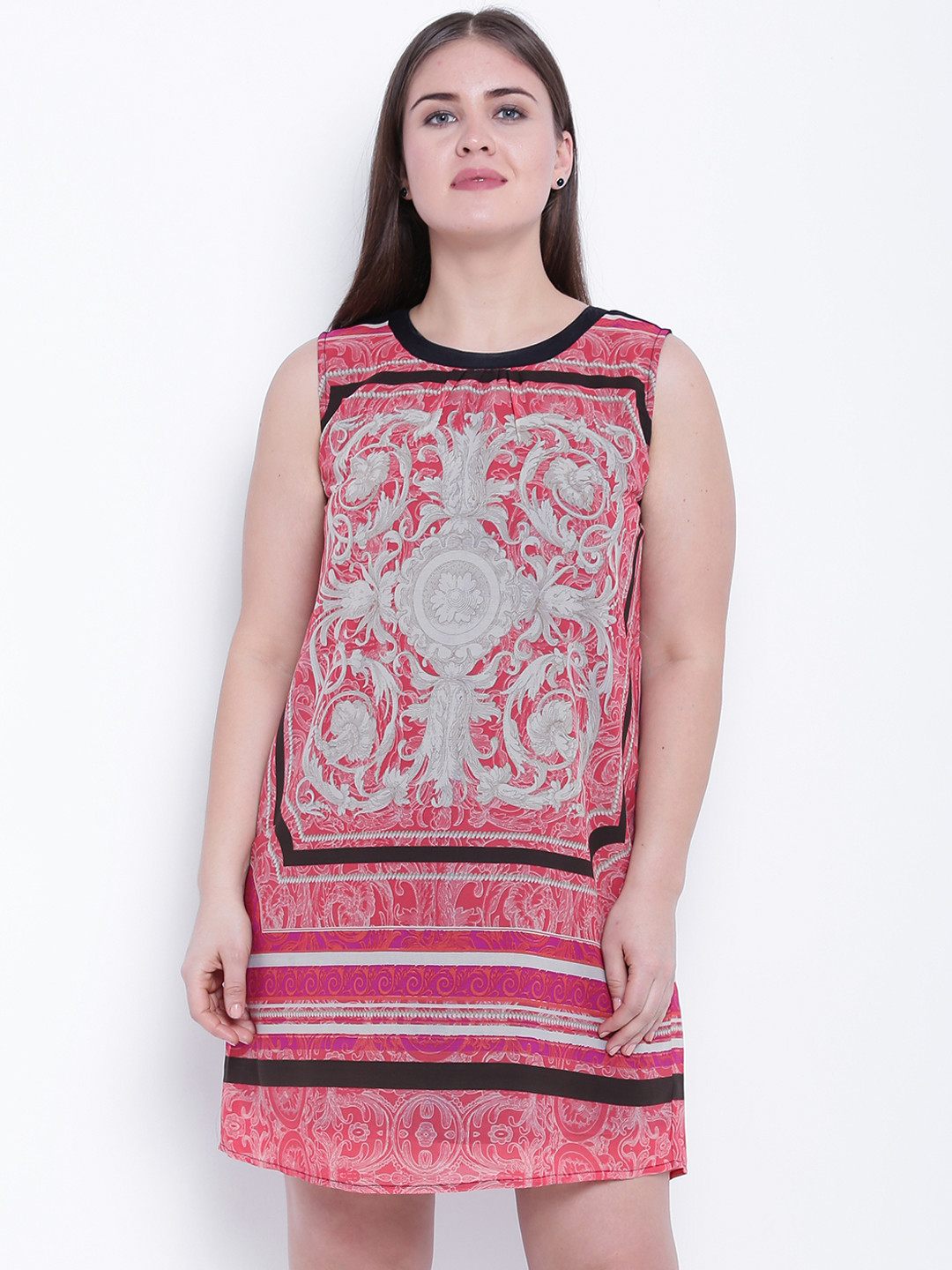 

aLL Plus Size Women Coral Pink Grey Printed A-Line Dress