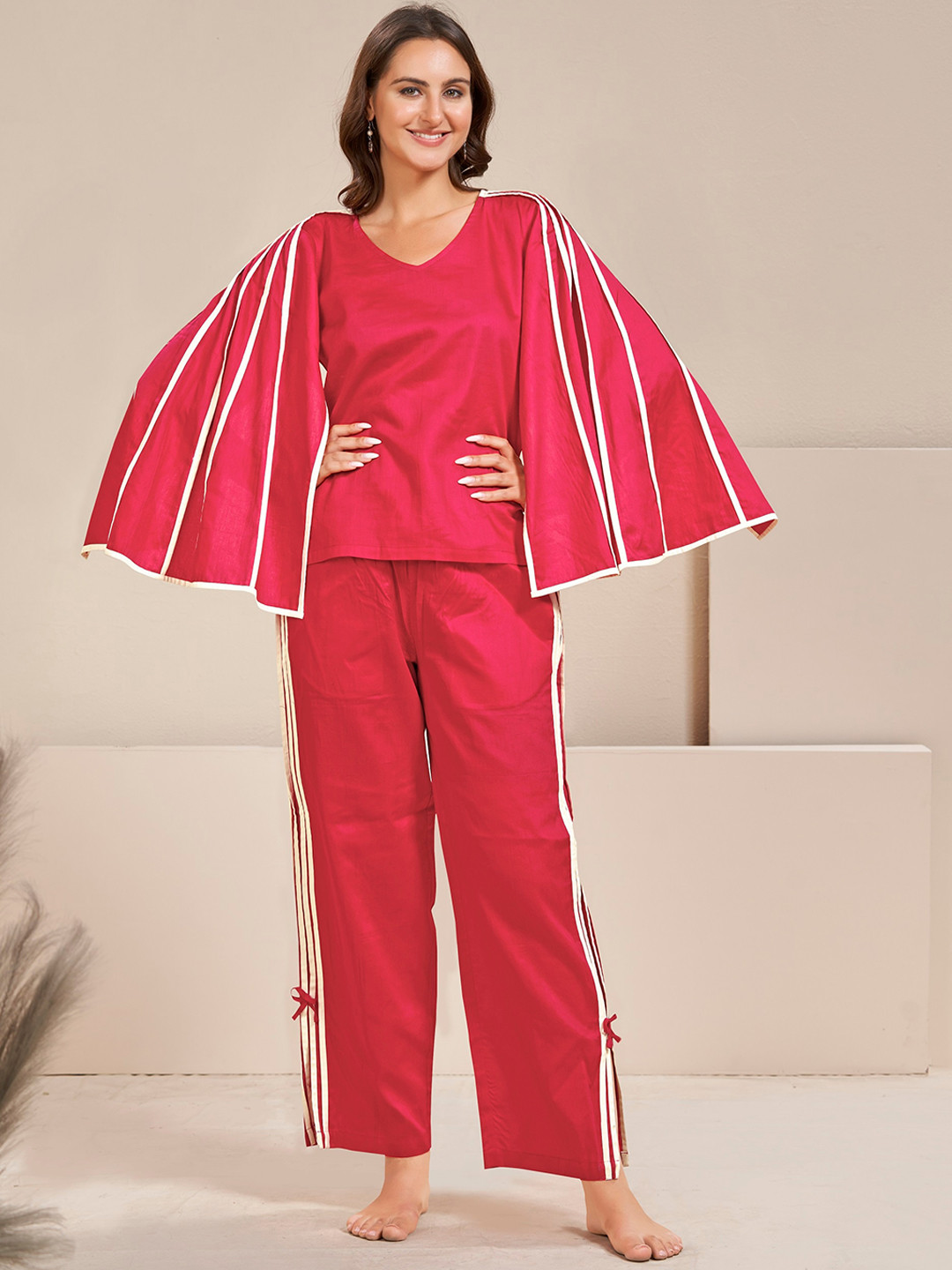 

Bannos Swagger V-Neck Pleated Flutter Sleeves Top & Trousers, Pink