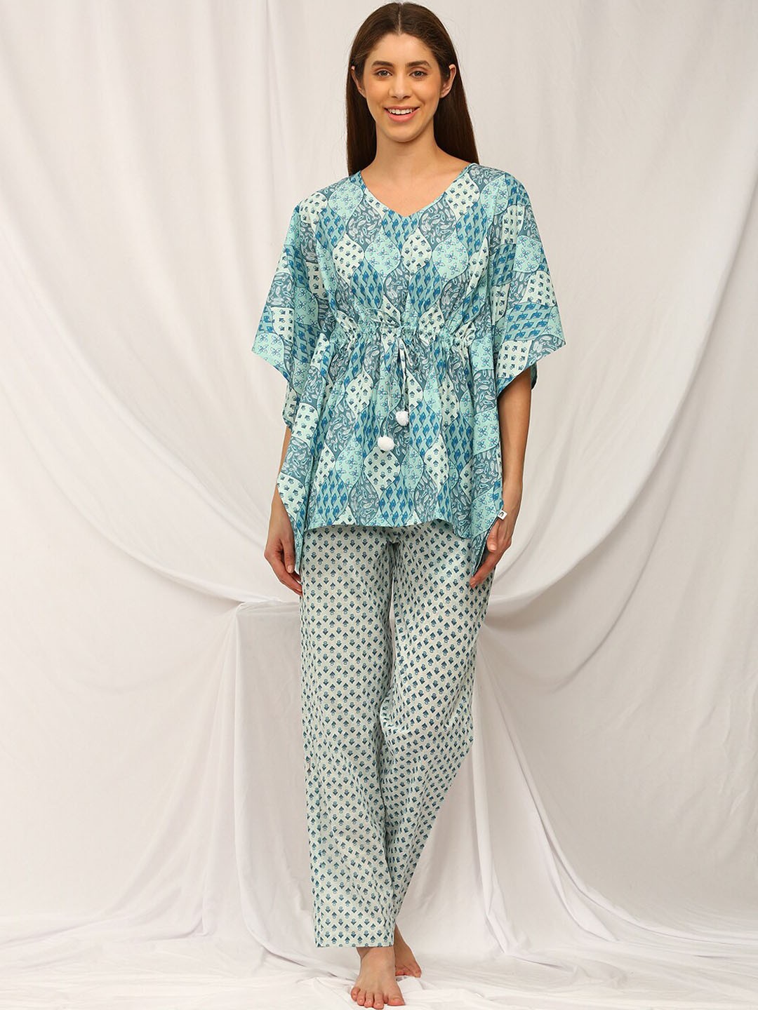 

Bannos Swagger Blue Printed Pure Cotton Kaftan Tunic With Straight Palazzo