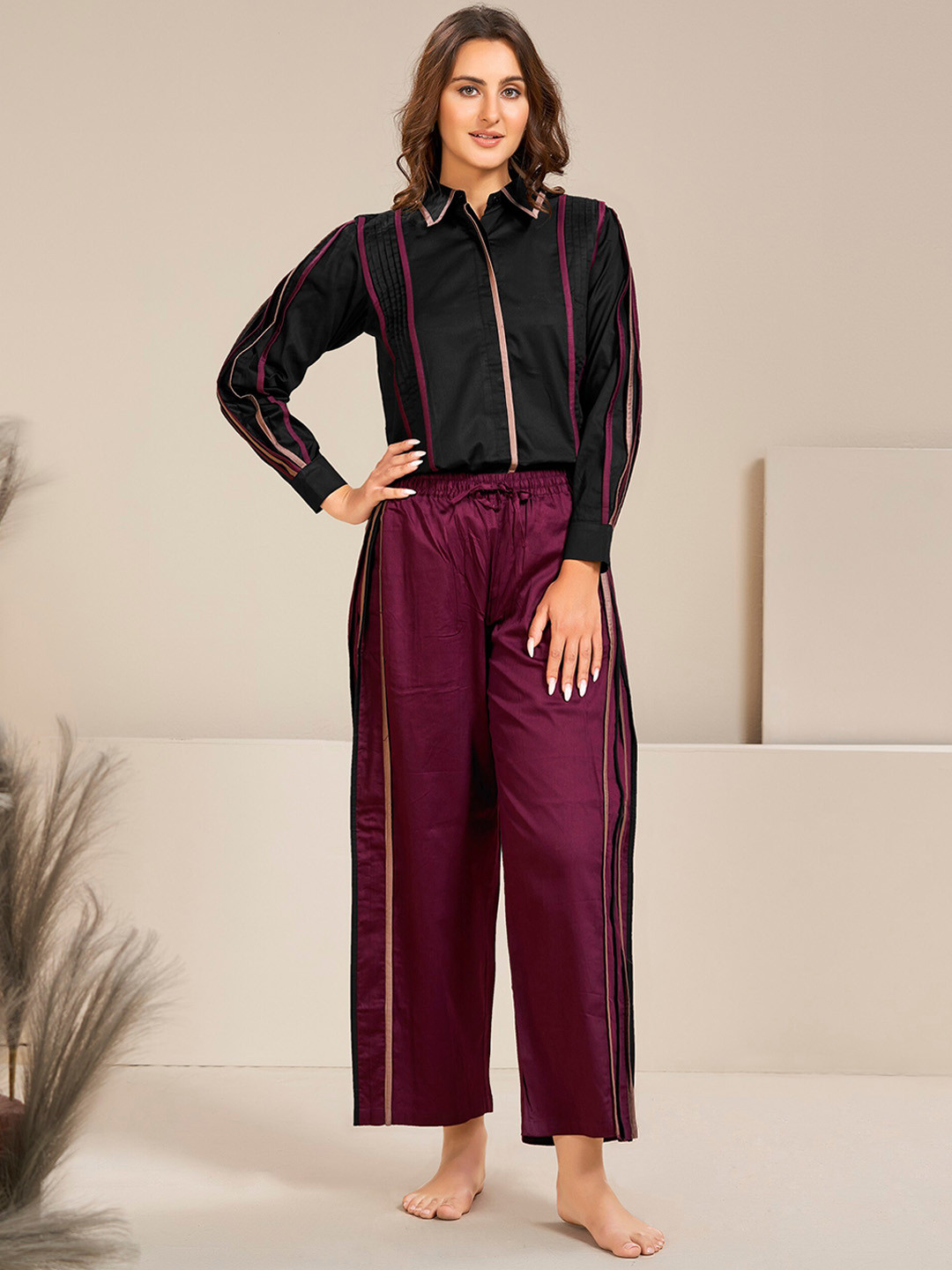 

Bannos Swagger Black & Burgundy Striped Night Suit