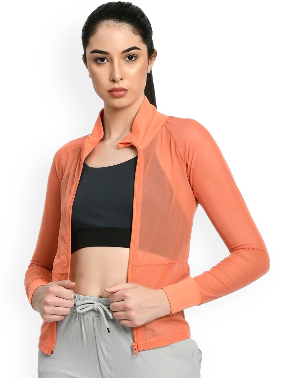 

Body Smith Mock Collar Long Sleeves Dry Fit Training or Gym Sporty Jacket, Peach