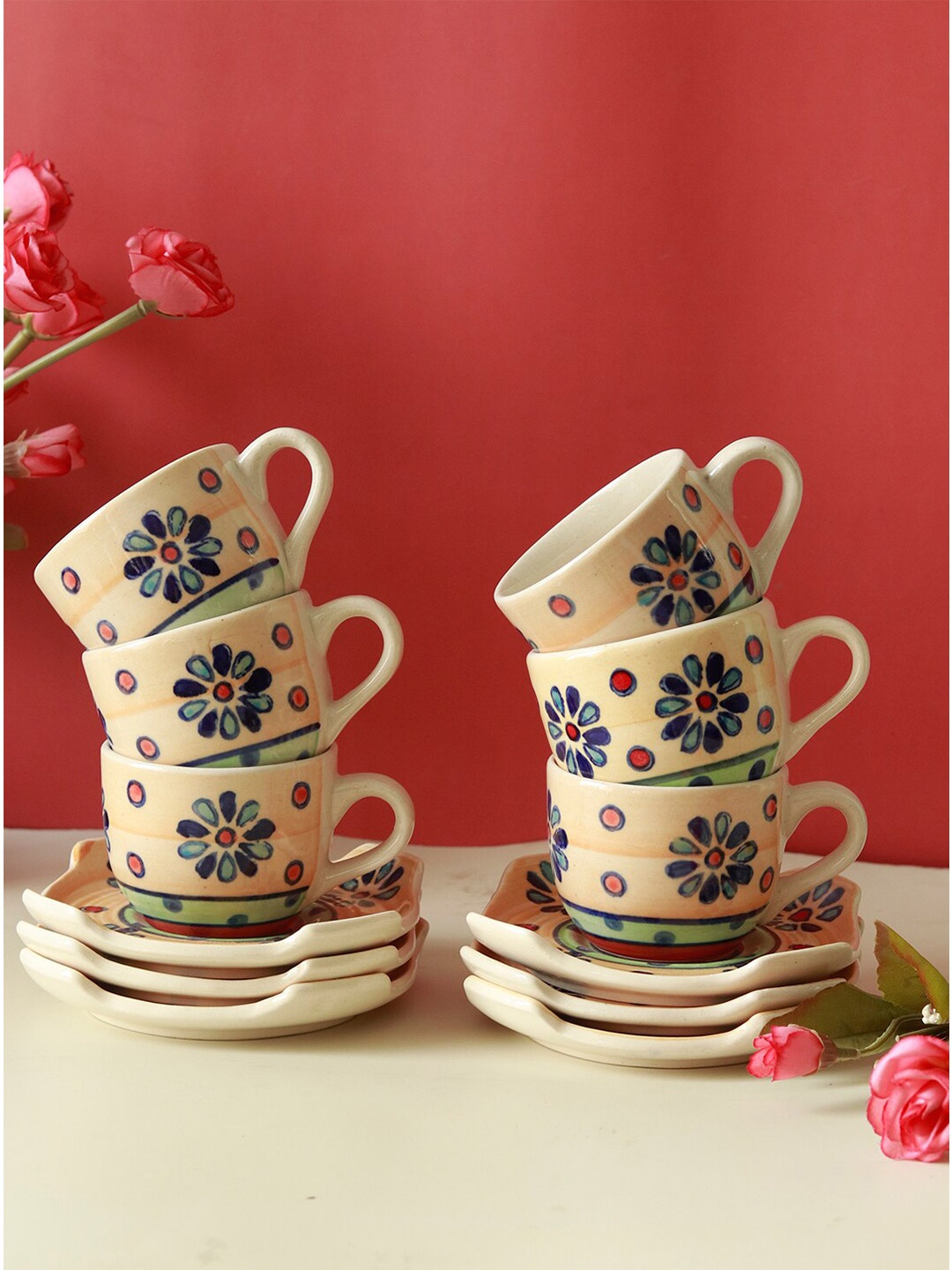 

Unravel India Beige & Blue 12 Pieces Printed Ceramic Glossy Cups and Saucers 150 ml Each