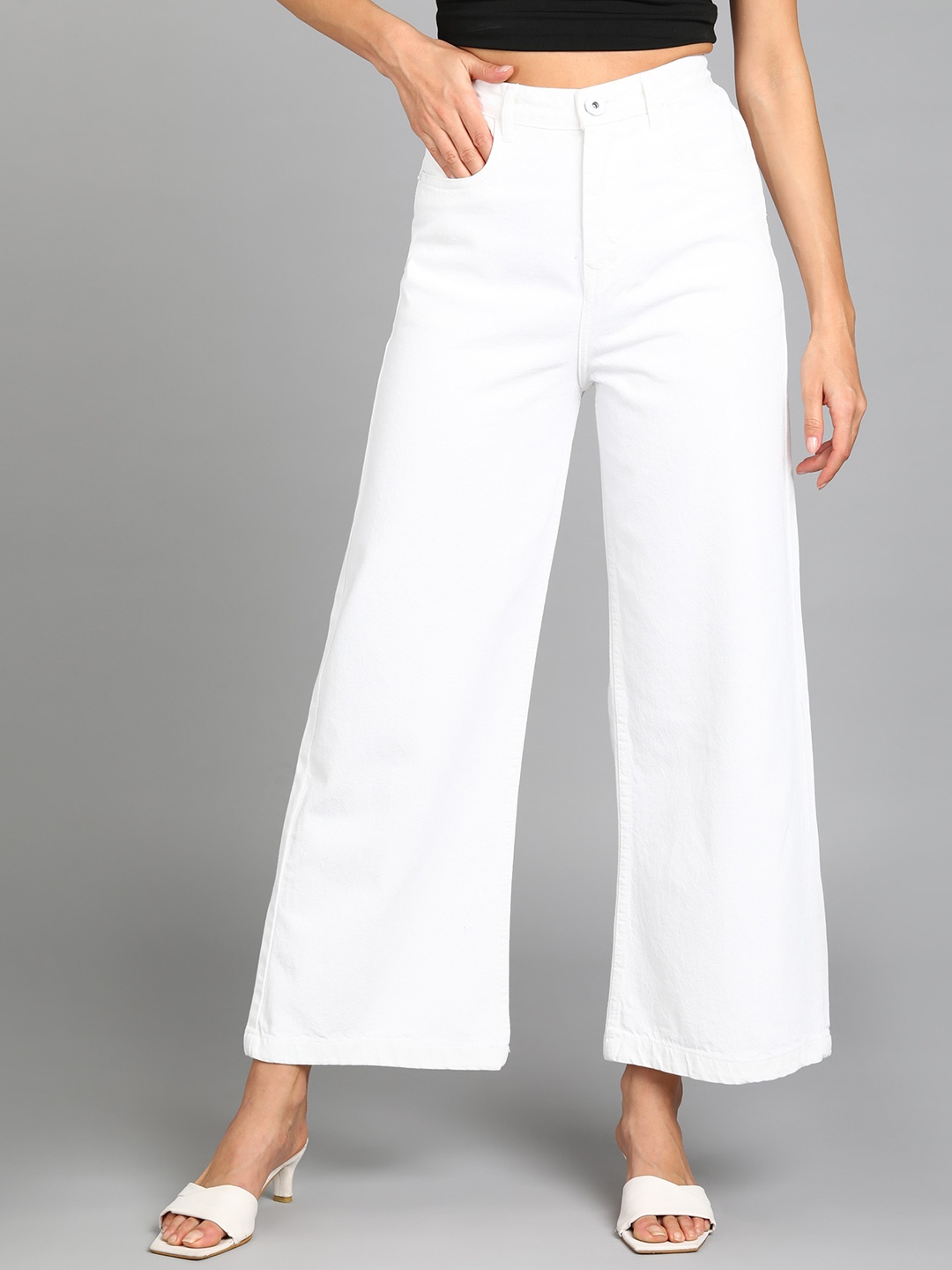 

Urbano Fashion Women Wide Leg High-Rise Non-Stretchable Washed Jeans, White