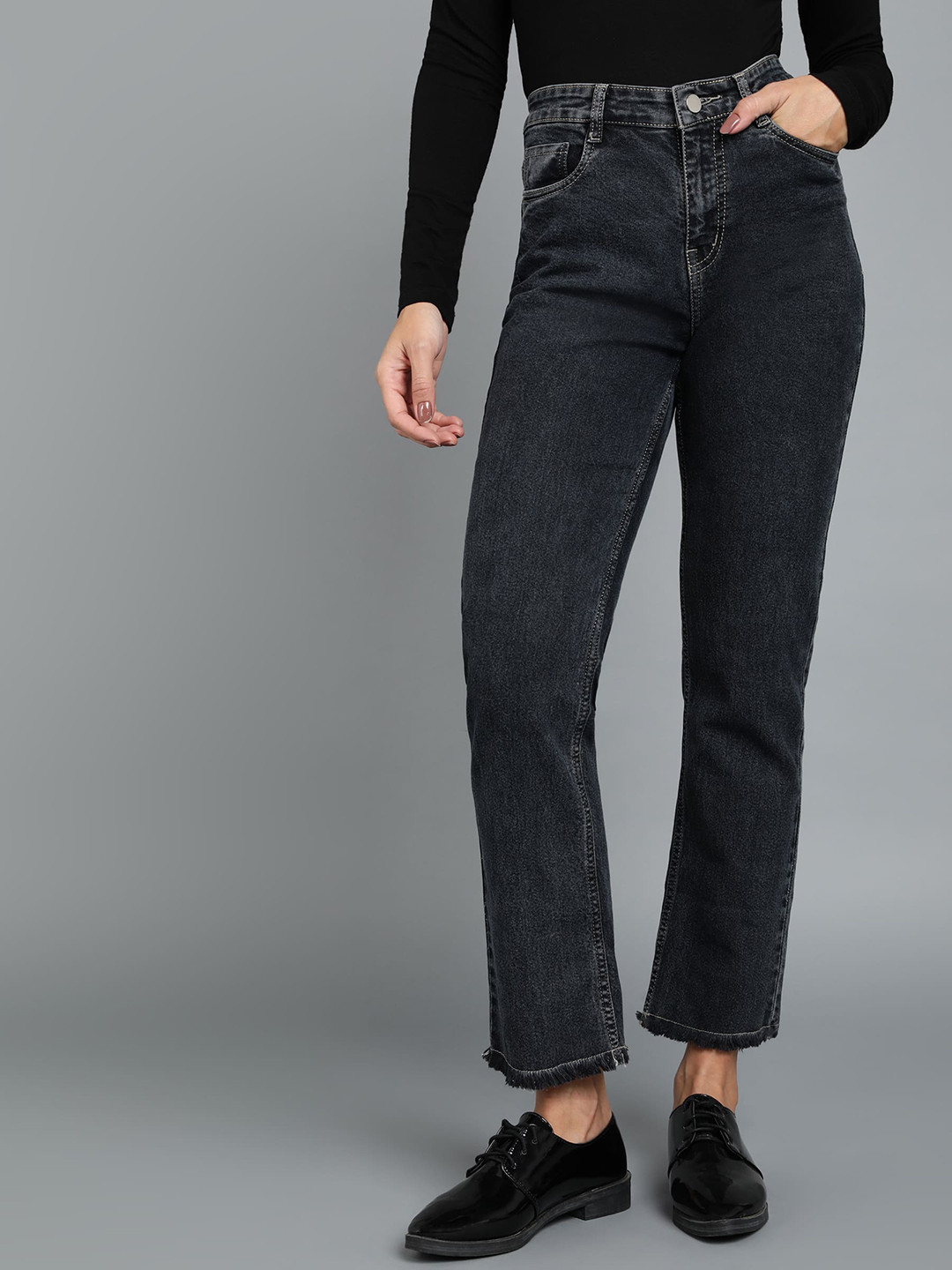 

Urbano Fashion Women Wide Leg High-Rise Stretchable Pure Cotton Jeans, Black