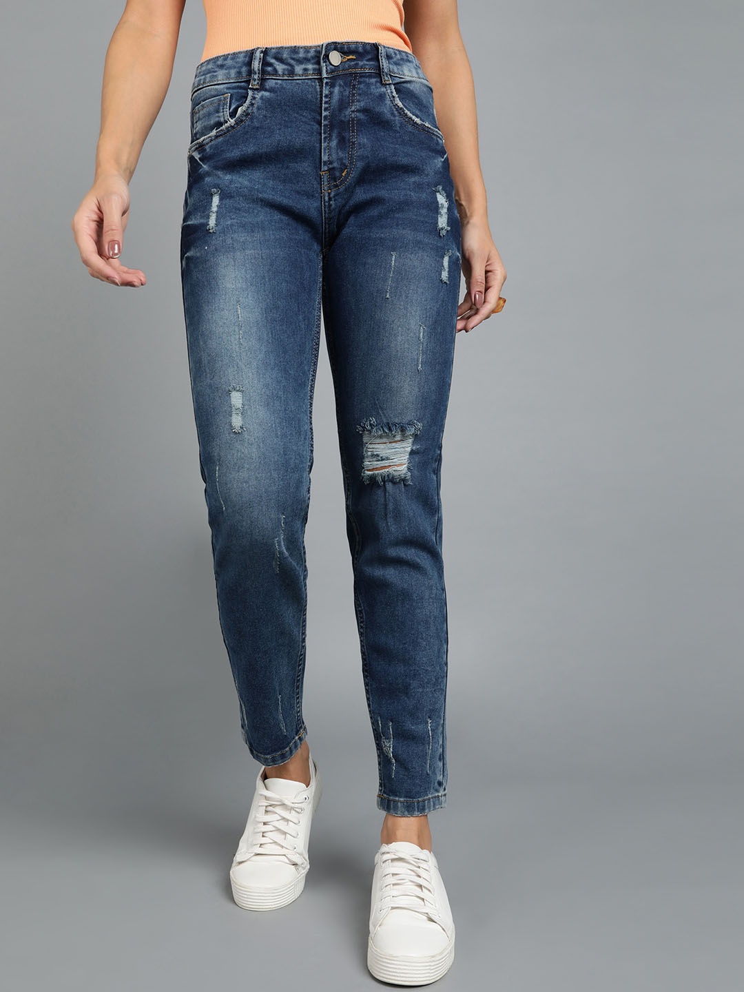

Urbano Fashion Women Blue Boyfriend Fit High-Rise Mildly Distressed Light Fade Stretchable Jeans