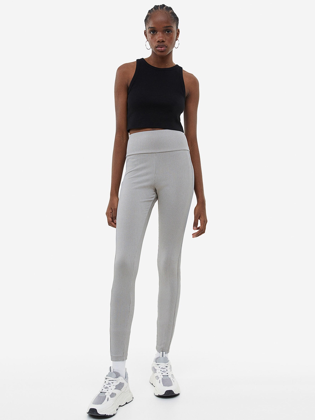 

H&M Women Pocket-Detail Ribbed Leggings, Grey