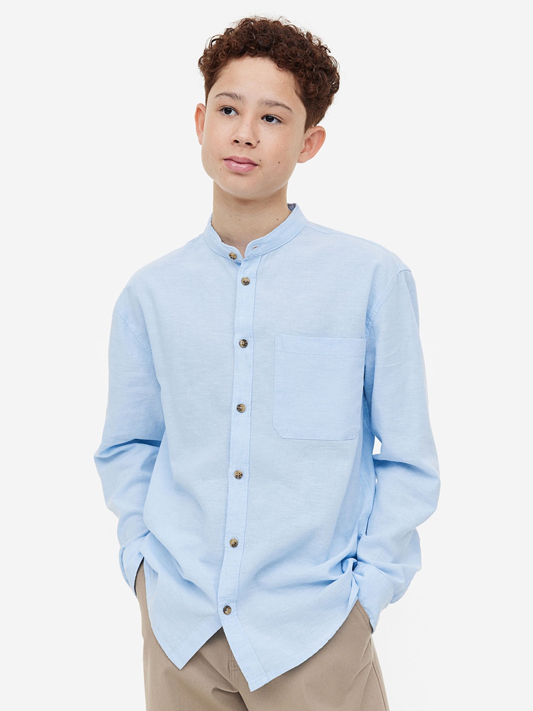 

H&M Boys Linen-Blend Grandad Shirt, Blue