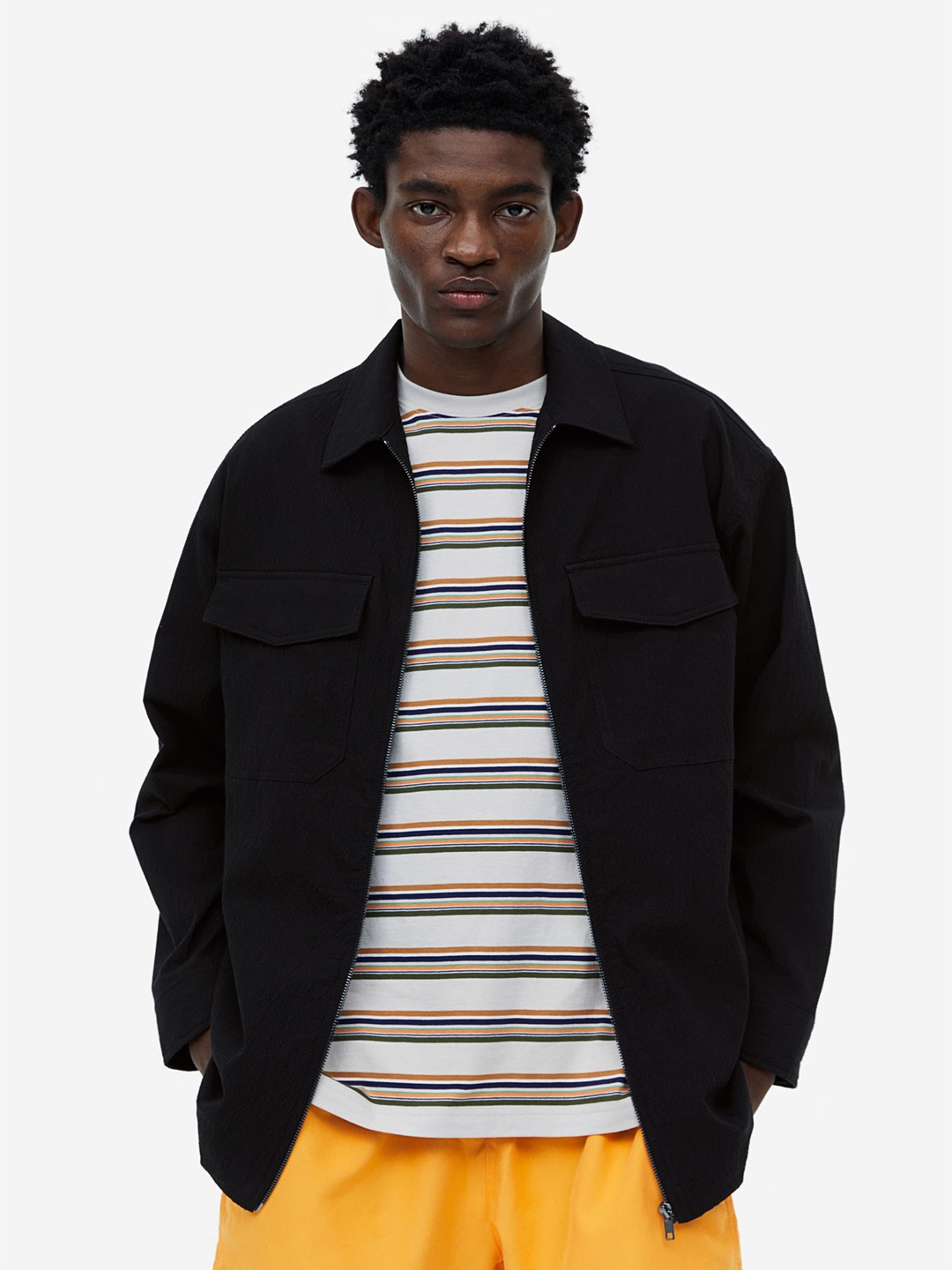 

H&M Men Regular Fit Textured Overshirt, Black
