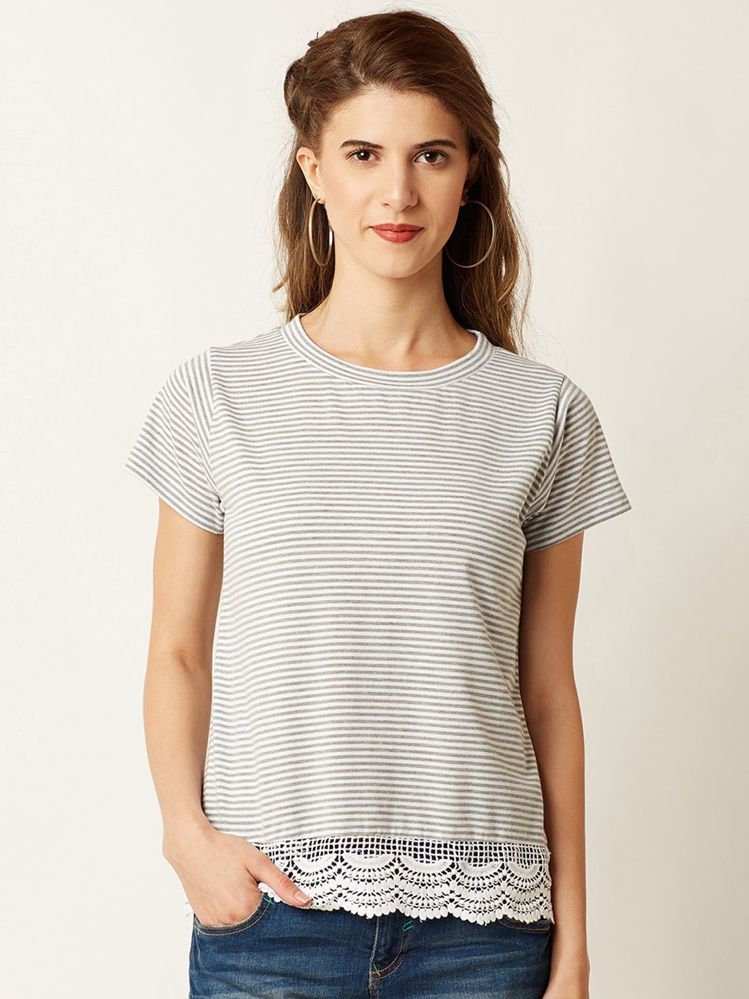 

Miss Chase Women Grey & White Striped Top